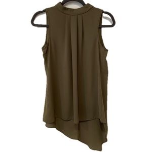 Sami & Jo Sleeveless Asymmetrical High Neck Pleated Olive Green Blouse